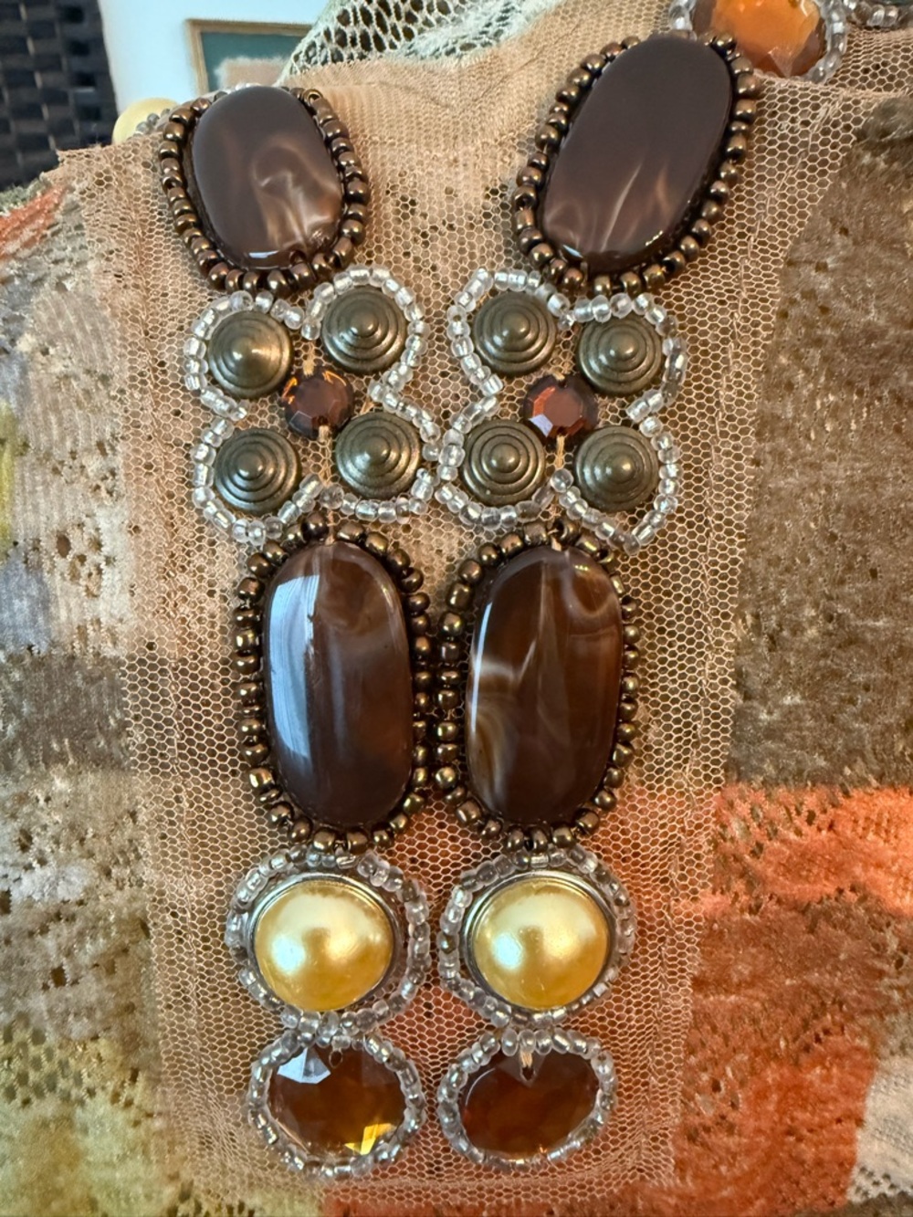 🍂✨ Vintage David Cline Embellished Mesh Top Abstract Earth Tone Y2K USA - Picture 3 of 10